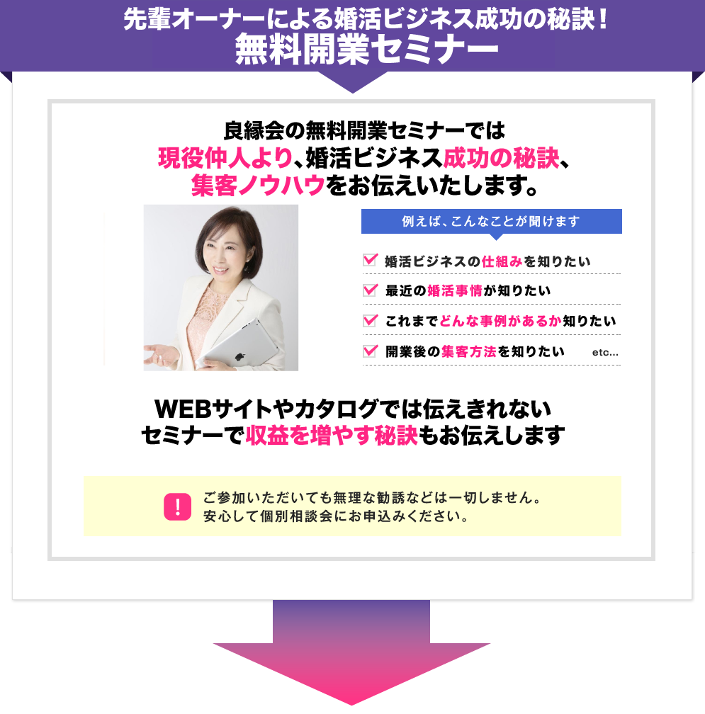 無料個別相談会
良縁会の無料個別相談会では
あなたの疑問点・不明点を丁寧にご説明します！

